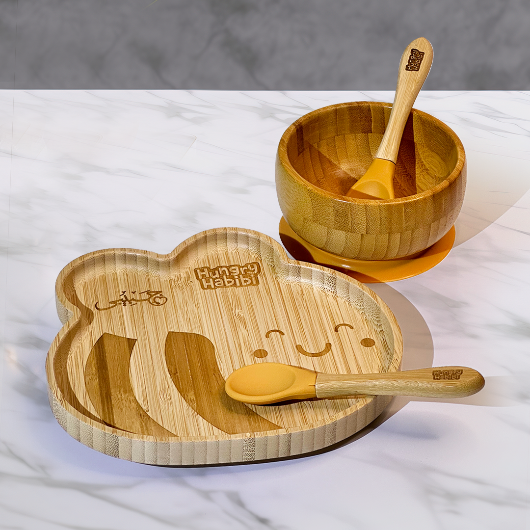 Bumblebee Shaped Bamboo Suction Plate & Bowl With Silicone Tipped Fork & Spoon Eco-Friendly & BPA Free