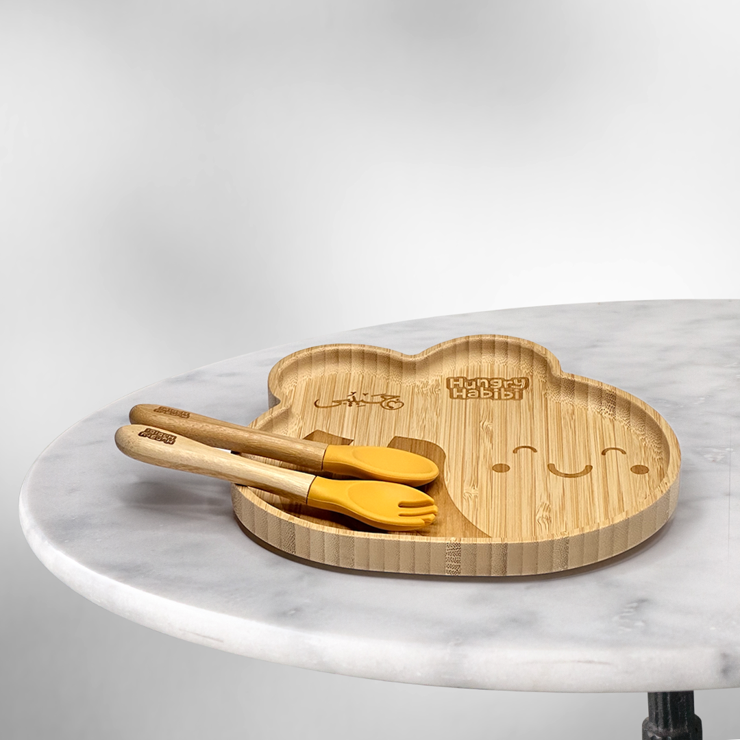 Bumblebee Shaped Bamboo Suction Plate & Bowl With Silicone Tipped Fork & Spoon Eco-Friendly & BPA Free