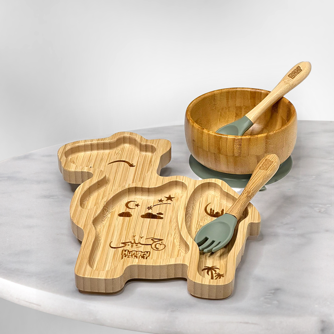 Camel Shaped Bamboo Toddler Plate & Bowl Set with Green Suction – Eco-Friendly & Fun
