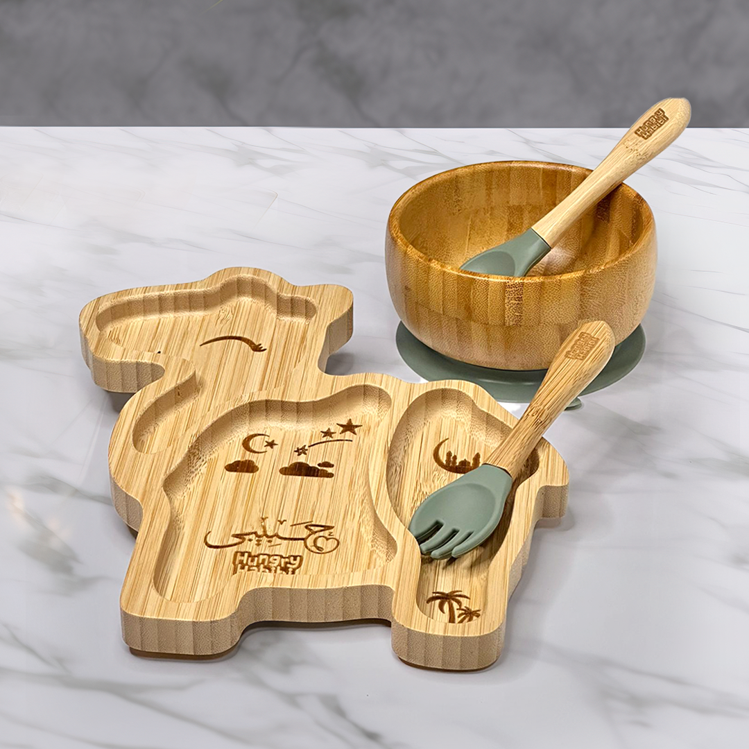 Camel Shaped Bamboo Toddler Plate & Bowl Set with Green Suction – Eco-Friendly & Fun