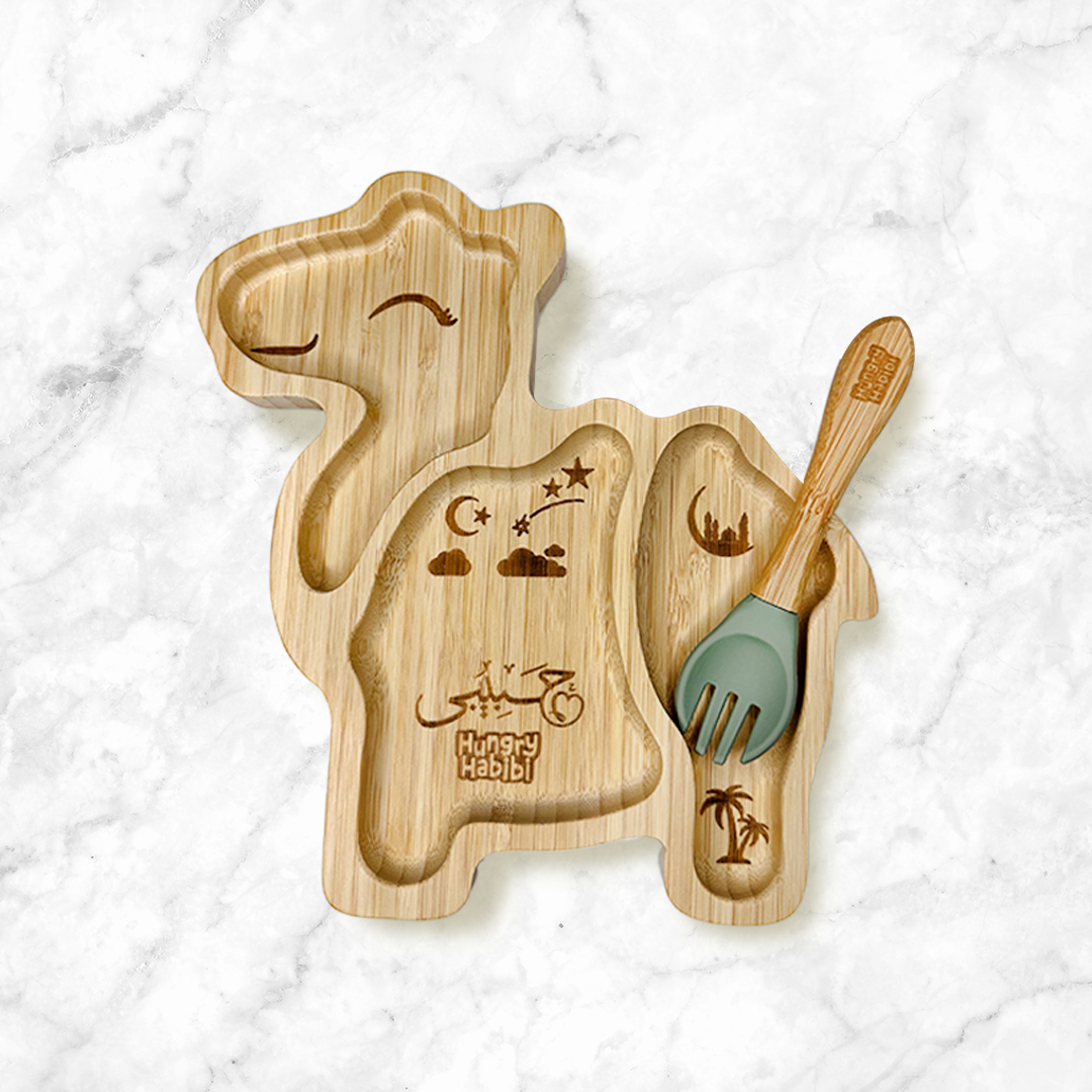 Camel Shaped Bamboo Toddler Plate & Bowl Set with Green Suction – Eco-Friendly & Fun