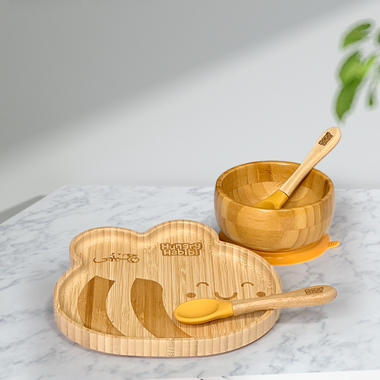 Bamboo Toddler Plate and Bowl Set with Soft Silicone Tipped Spoon