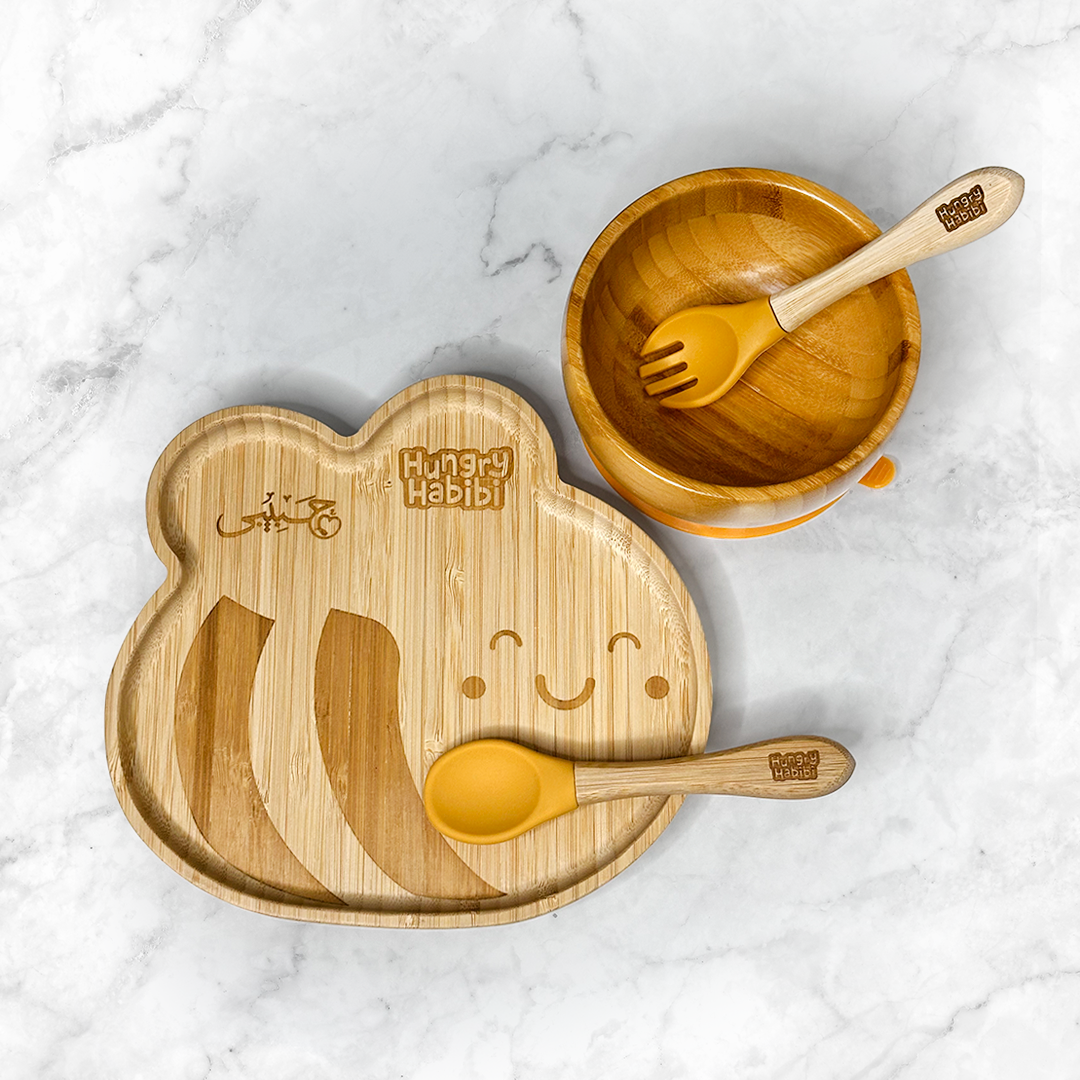 Bamboo Toddler Plate and Bowl Set with Soft Silicone Tipped Spoon