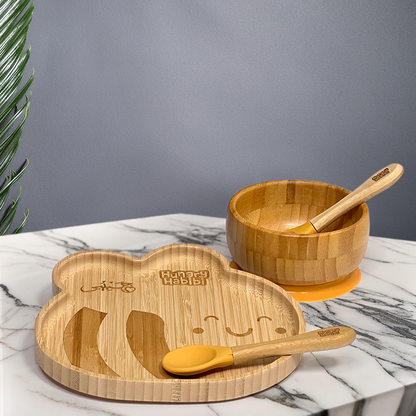 Bamboo Toddler Plate and Bowl Set with Soft Silicone Tipped Spoon