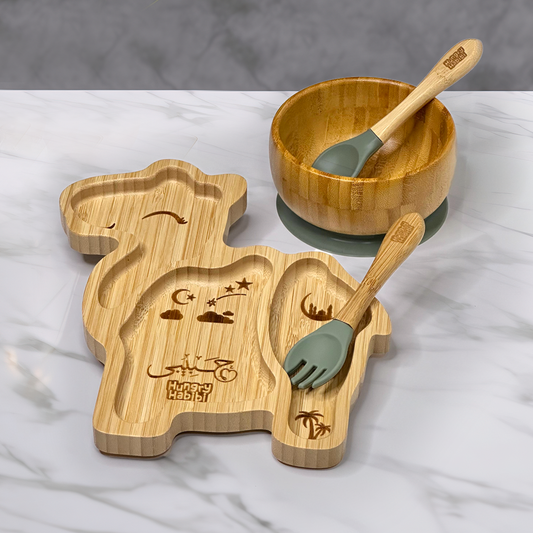 Camel Shaped Bamboo Toddler Plate and Bowl Set with Green Suction