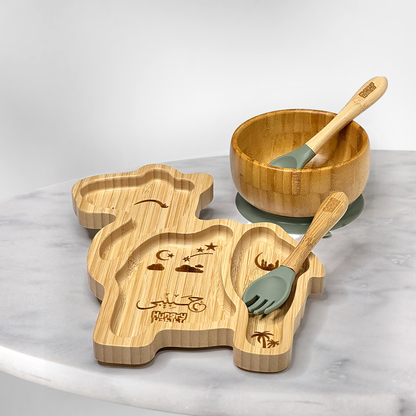 Camel Shaped Bamboo Toddler Plate and Bowl Set with Green Suction