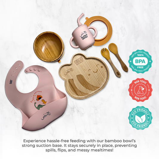 Eco-Friendly Bamboo Toddler Mealtime Set + Pink Silicone Bib & Sippy Cup with Bumblebee Design