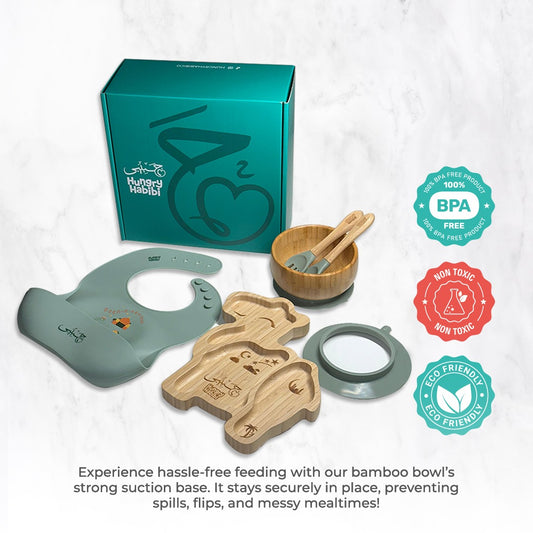 Eco-Friendly Bamboo Toddler Mealtime Set + Silicone Bib with Fun Camel Design